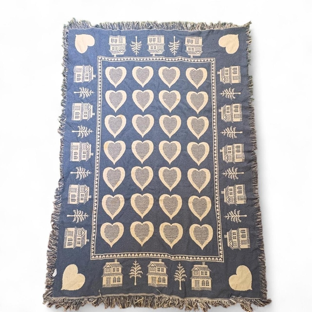 Vintage 90s Farmhouse Cottagecore Fringe Heavy Throw Blanket Country Blue